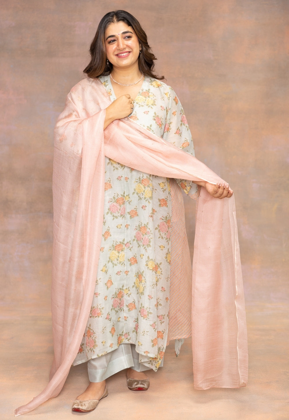 Baby Pink Solid Kota Doria Silk Dupatta with Mukaish Detailing