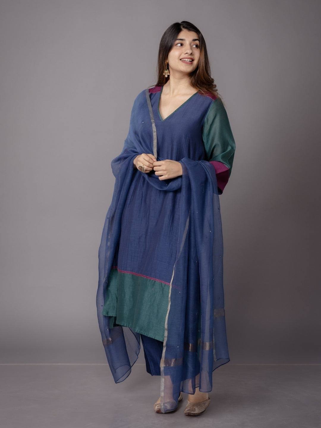 Divya Blue Solid Chanderi Silk Straight Kurta with Embroidery
