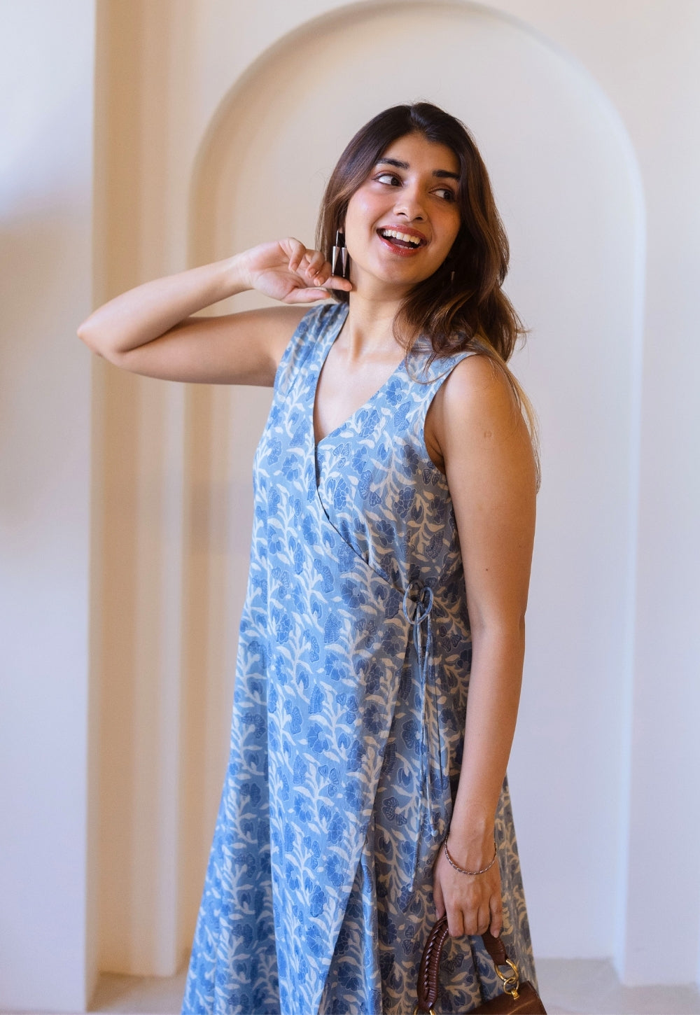 Saranashi Blue Ajrakh Cotton Wrap Around Dress