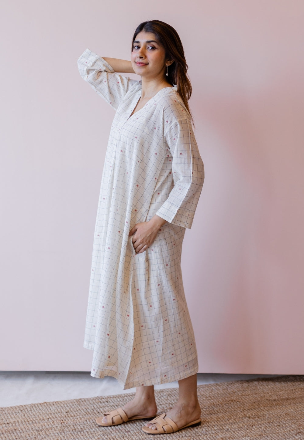 Ekta Off White Jamdani Handloom Cotton A Line Dress