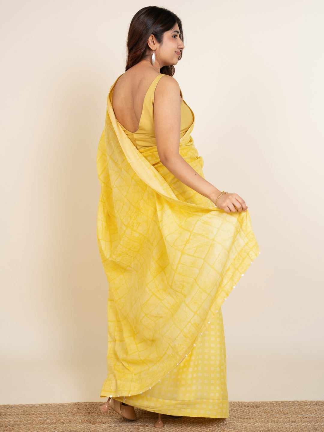 Isra Yellow Batik Hand Block Print Mul Cotton Saree with Embroidery