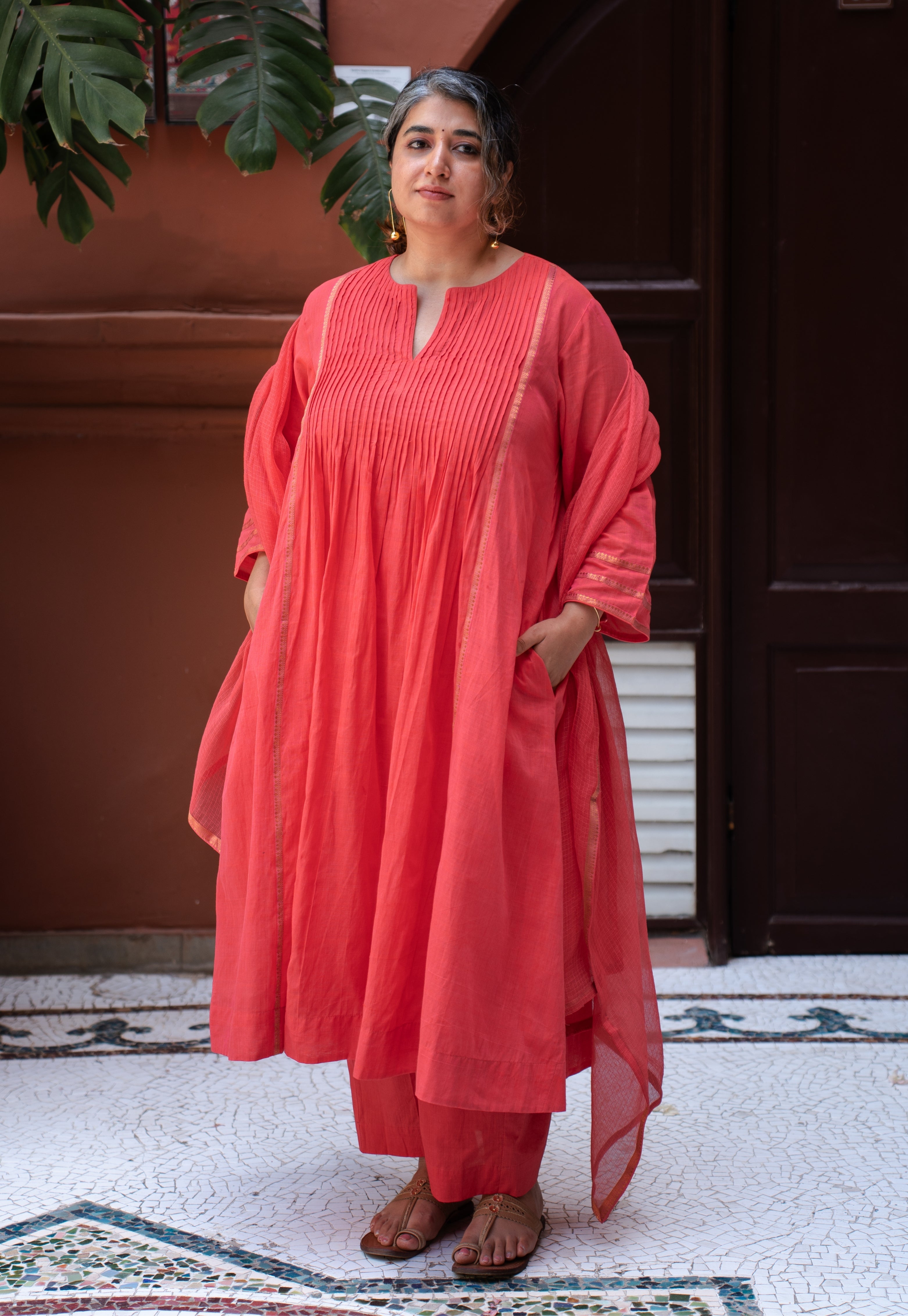 Scarlet Orange Solid Kota Doria Cotton Dupatta with Mangalgiri Border