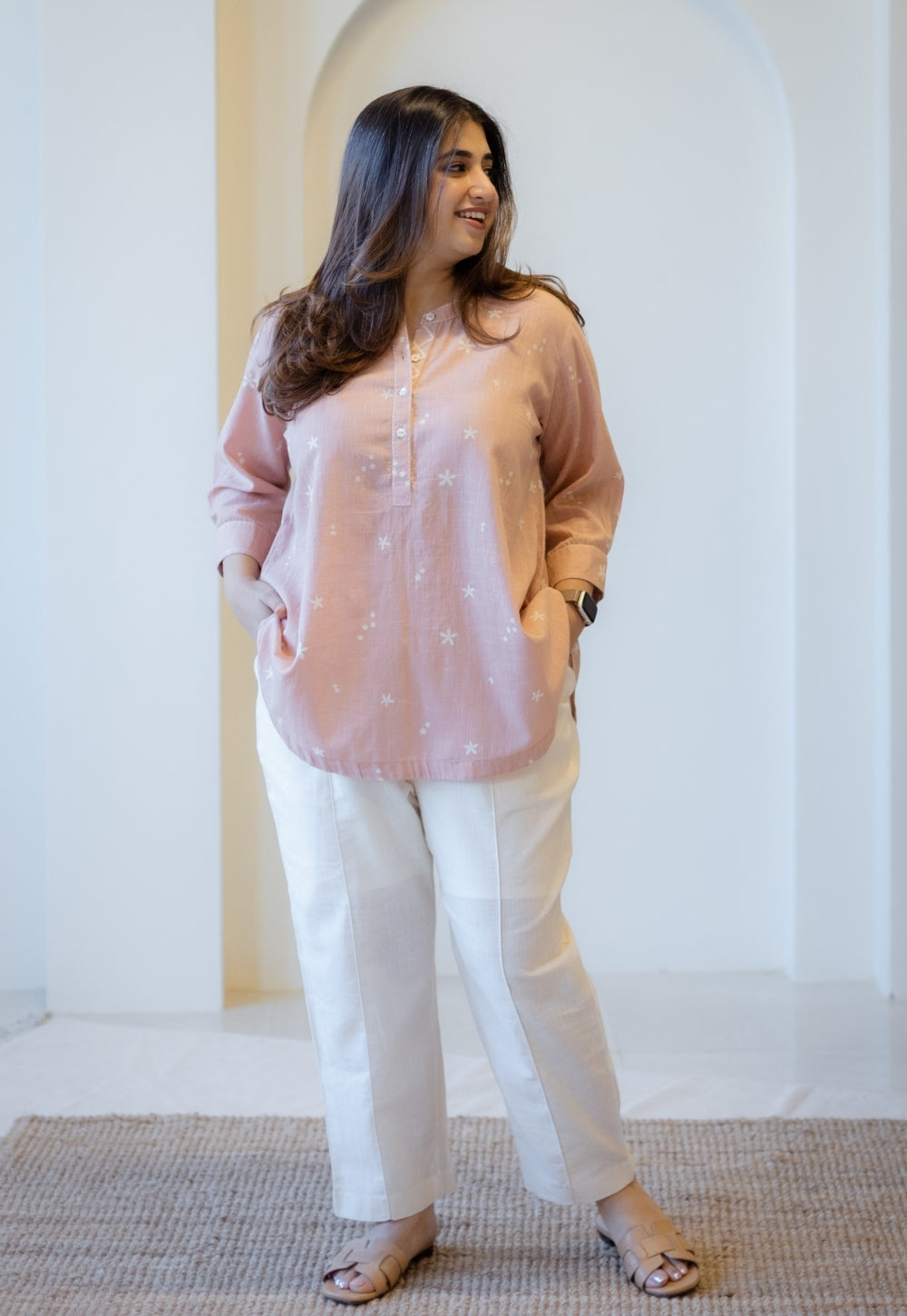 Daisy Peach Hand Block Print Slub Cotton A Line Short Top with Hand Embroidery