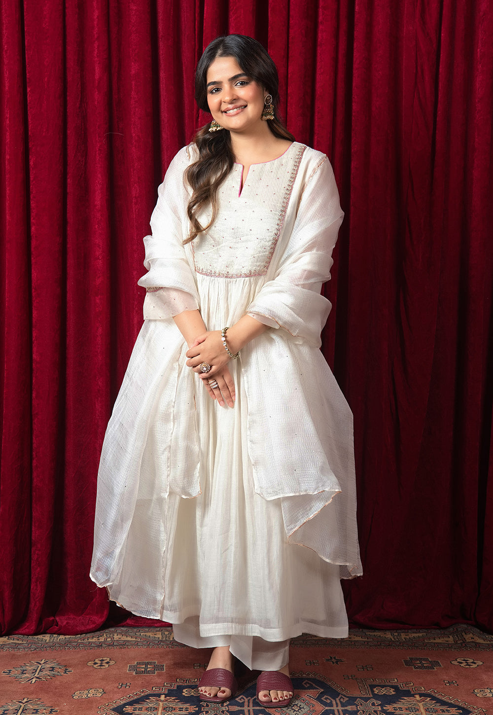 Jivika White Solid Chanderi Silk Kali Kurta with Hand Embrodiery