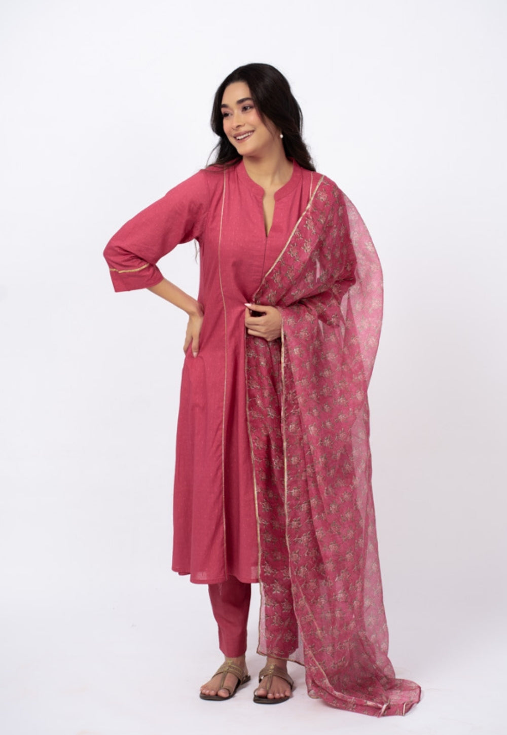 Huma Pink Solid Cotton Kali Kurta Suit Set with Printed Dupatta (Set of 3)