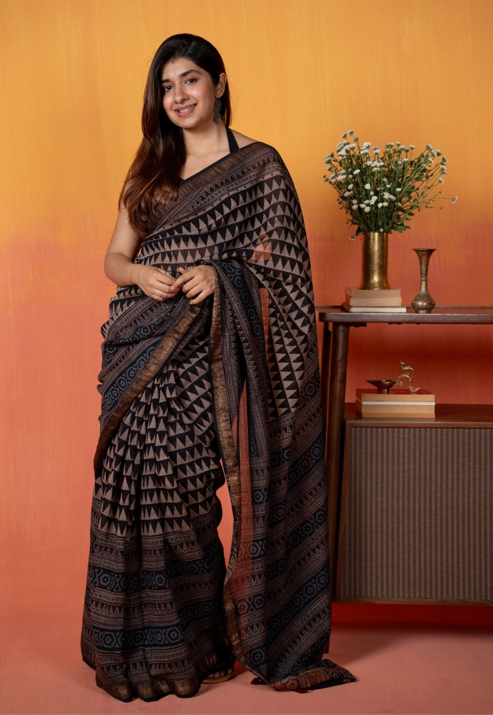 Black Tribal Ajrakh Hand Block Print Maheshwari Saree