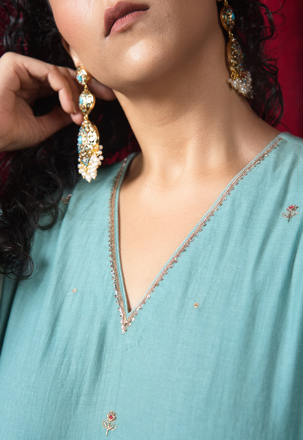 Nitara Blue Solid Chanderi Silk A Line Kurta with Hand Embroidery