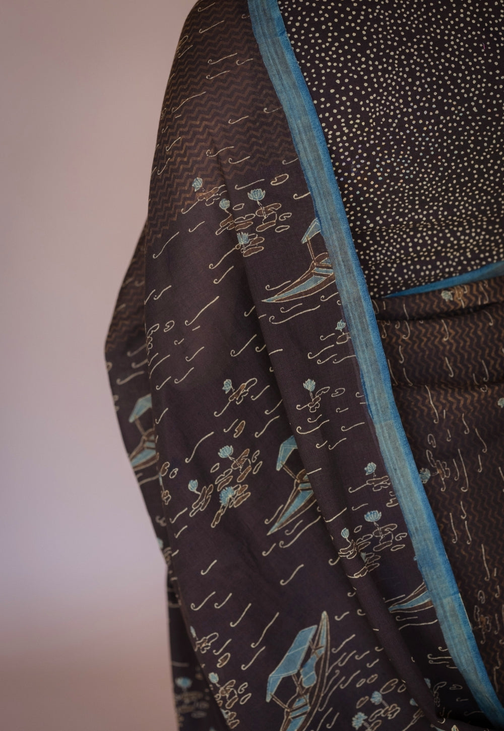 Brown Boat Ajrakh Hand Block Print Mul Saree