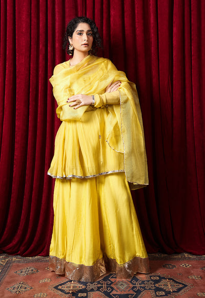 Yellow Solid Kota Doria Silk Dupatta with Mukaish Embroidery