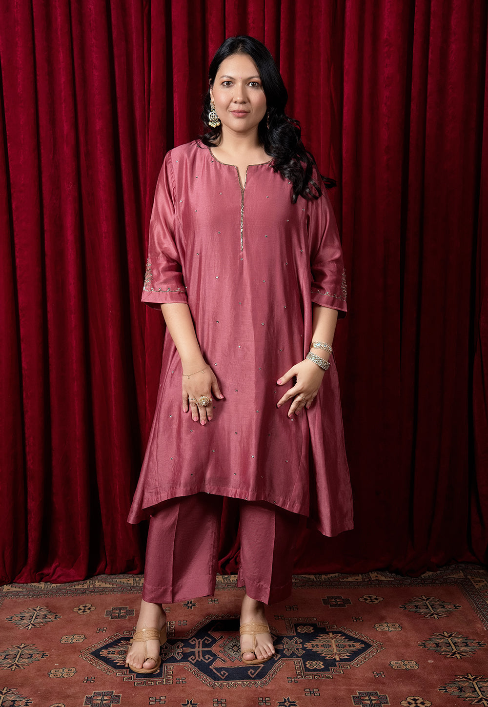 Nyra Red Solid Chanderi Silk Jhabbha Kali Kurta with Hand Embroidery