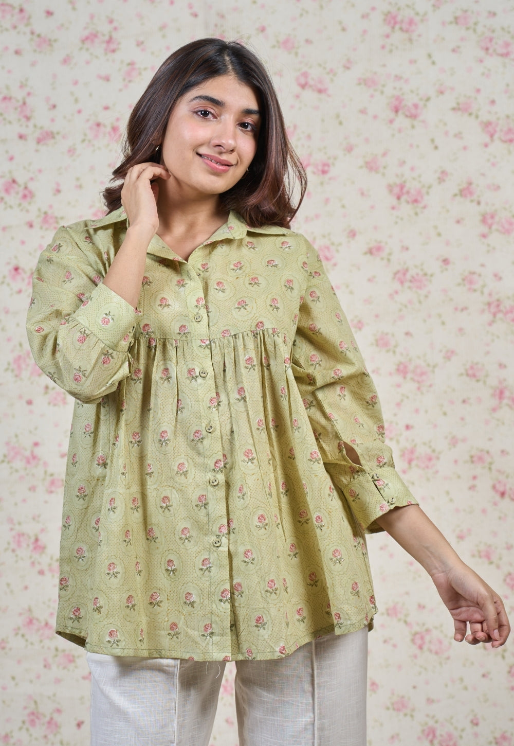 Enola Green Sanganeri Mul Cotton Straight Short Top
