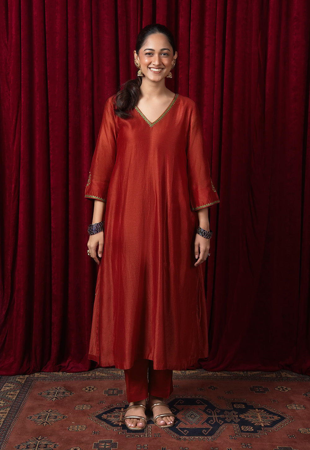 Yashi Cherry Red Solid Muslin Straight Pant