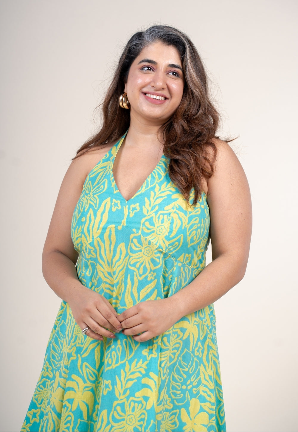Mihira Blue Turquoise Printed Cotton A Line Dress