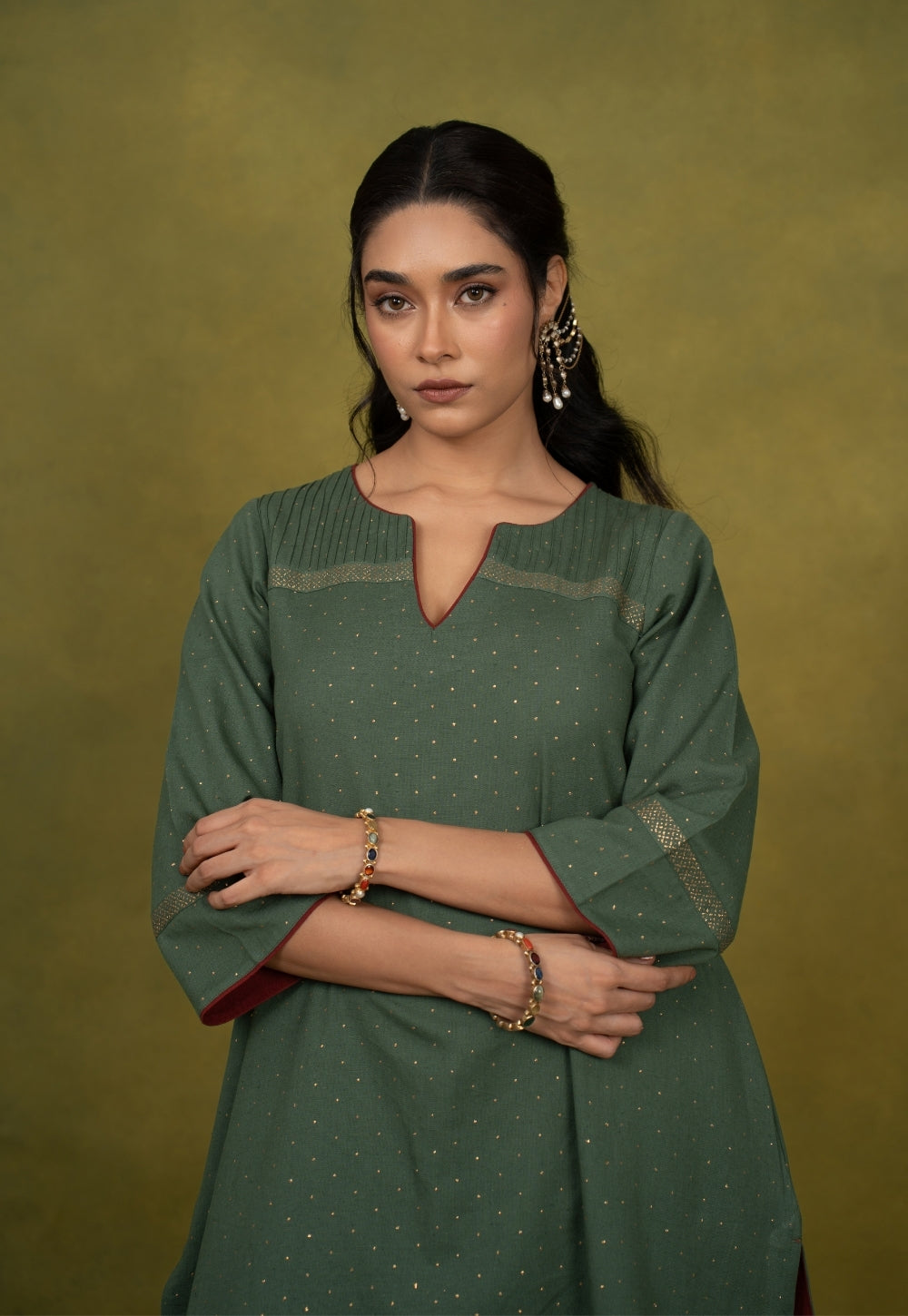 Ishira Green Rogan Handblock Printed Cotton Straight Kurta Suit Set (Set of 3)