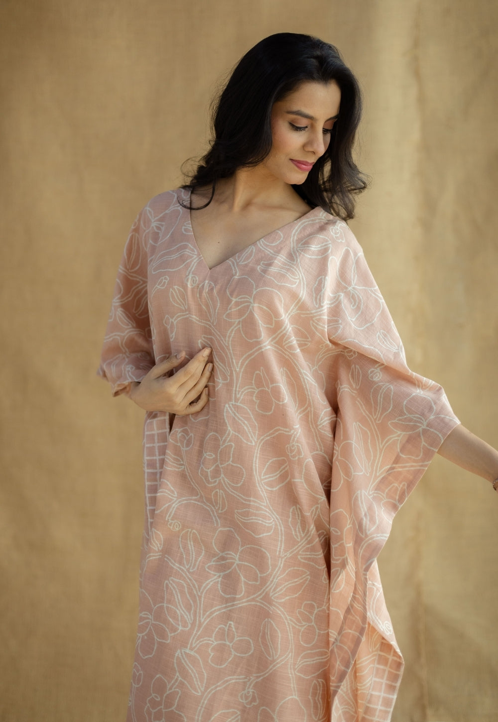 Sadiya Peach Hand Block Print Slub Cotton Anti-Fit Kaftan