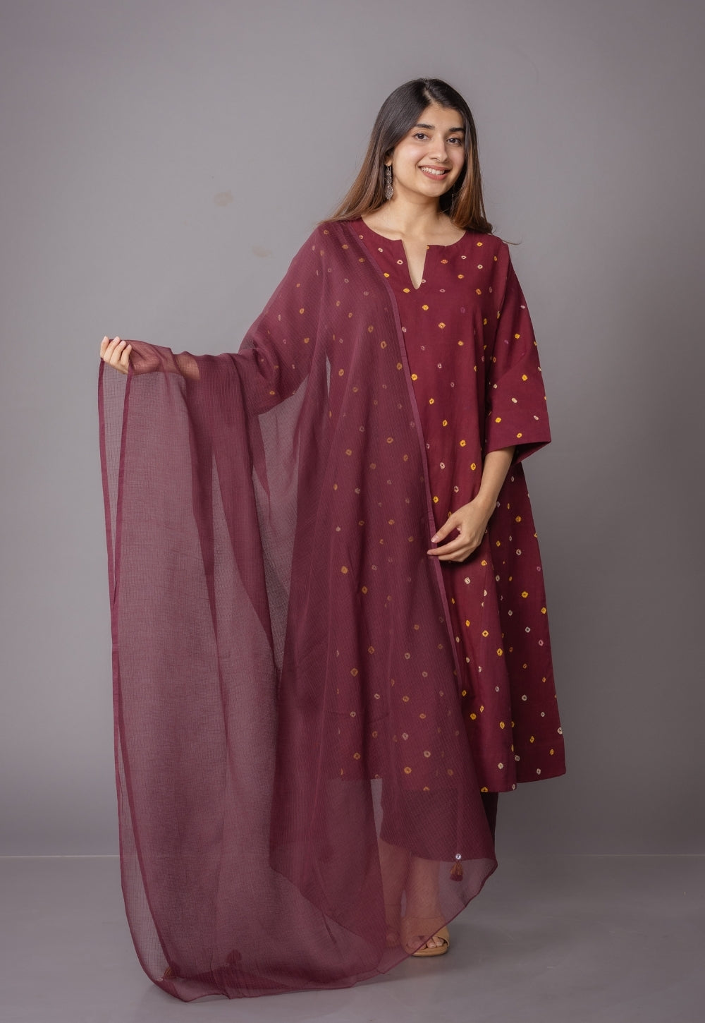 Nyra Red Bandhani Cotton Jhabbha Kali Embroidered Kurta with Dupatta