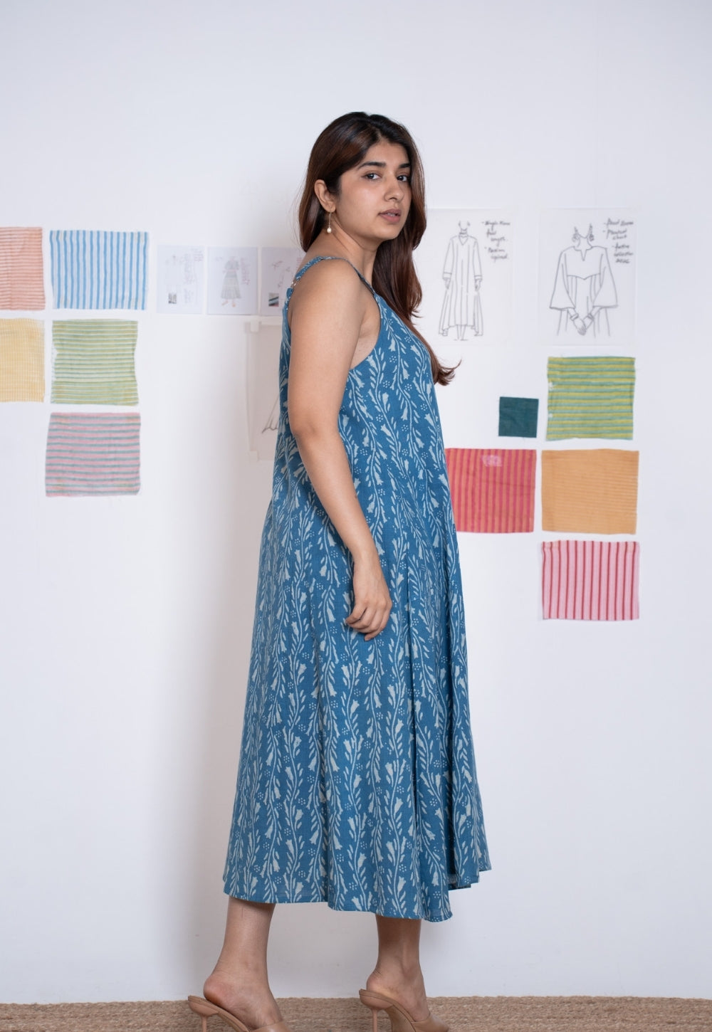 Tapasya Blue Dabu Slub Cotton Straight Dress