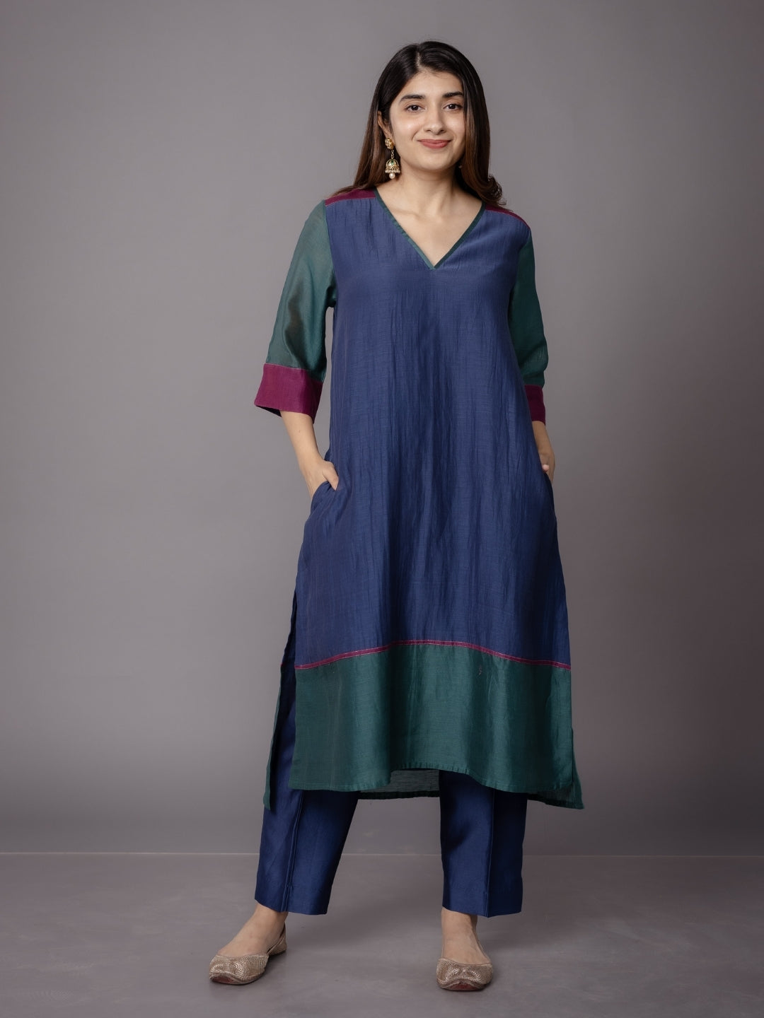 Divya Blue Solid Chanderi Silk Straight Kurta with Embroidery