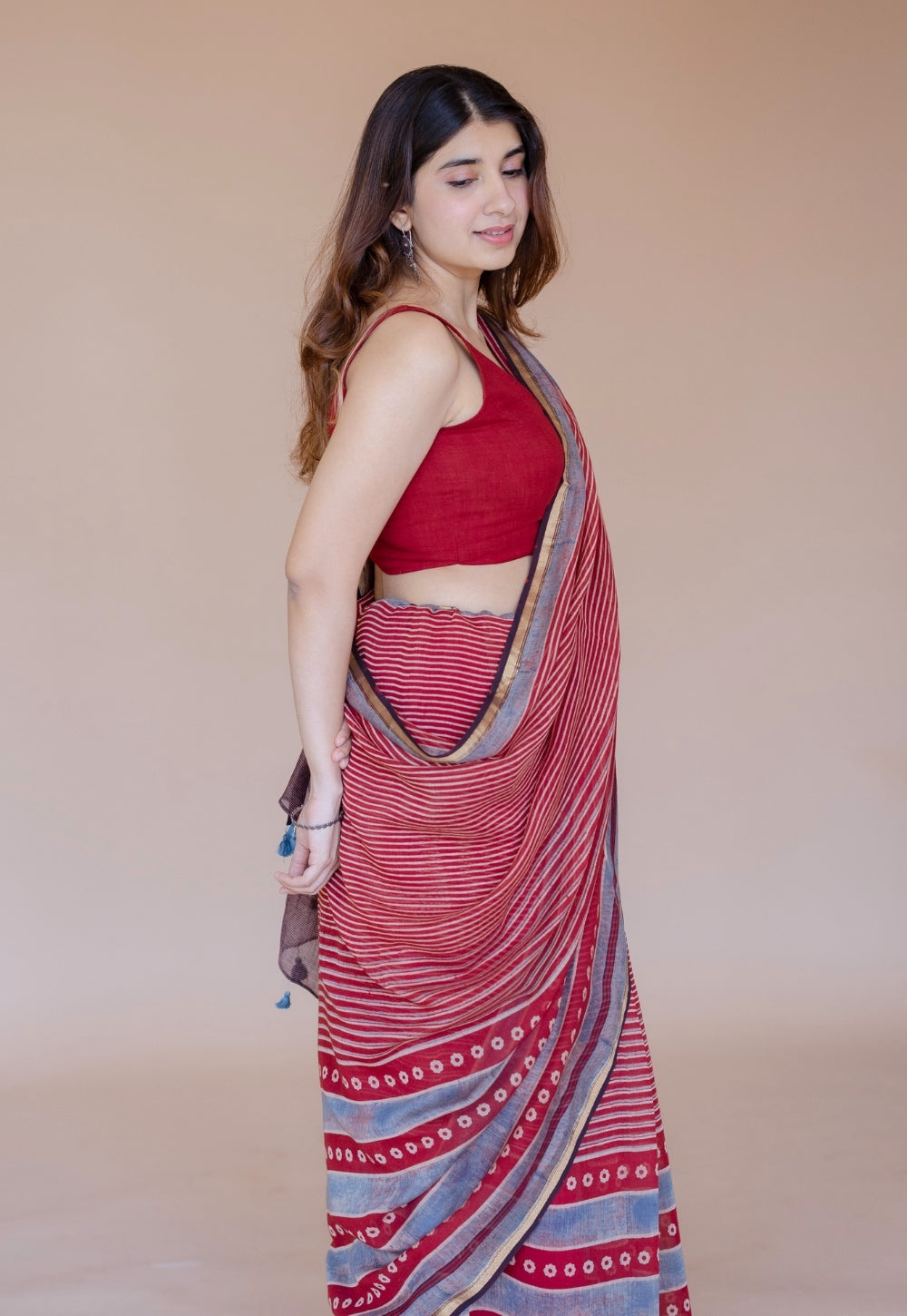 Red Abstract Ajrakh Hand Block Print Chanderi Saree