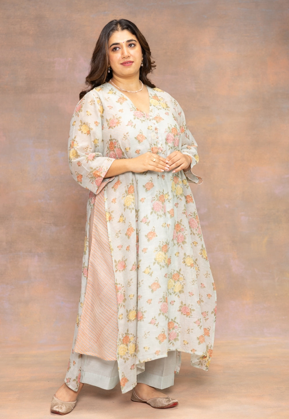 Rosalie Blue Sanganeri Chanderi Silk A Line Kurta with Hand Embroidery and Slip