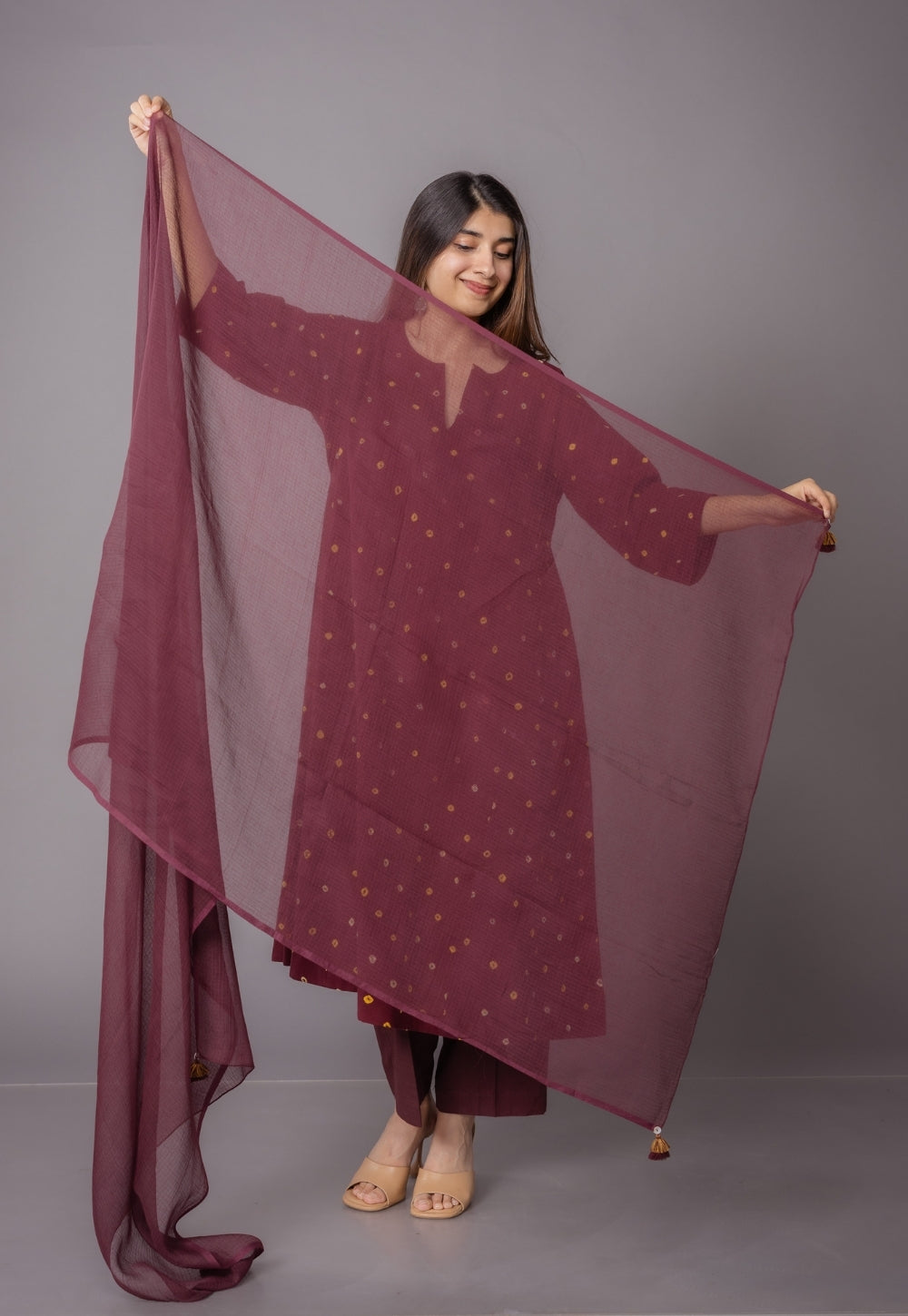 Nyra Red Bandhani Cotton Jhabbha Kali Suit Set with Embroidery (Set of 3)
