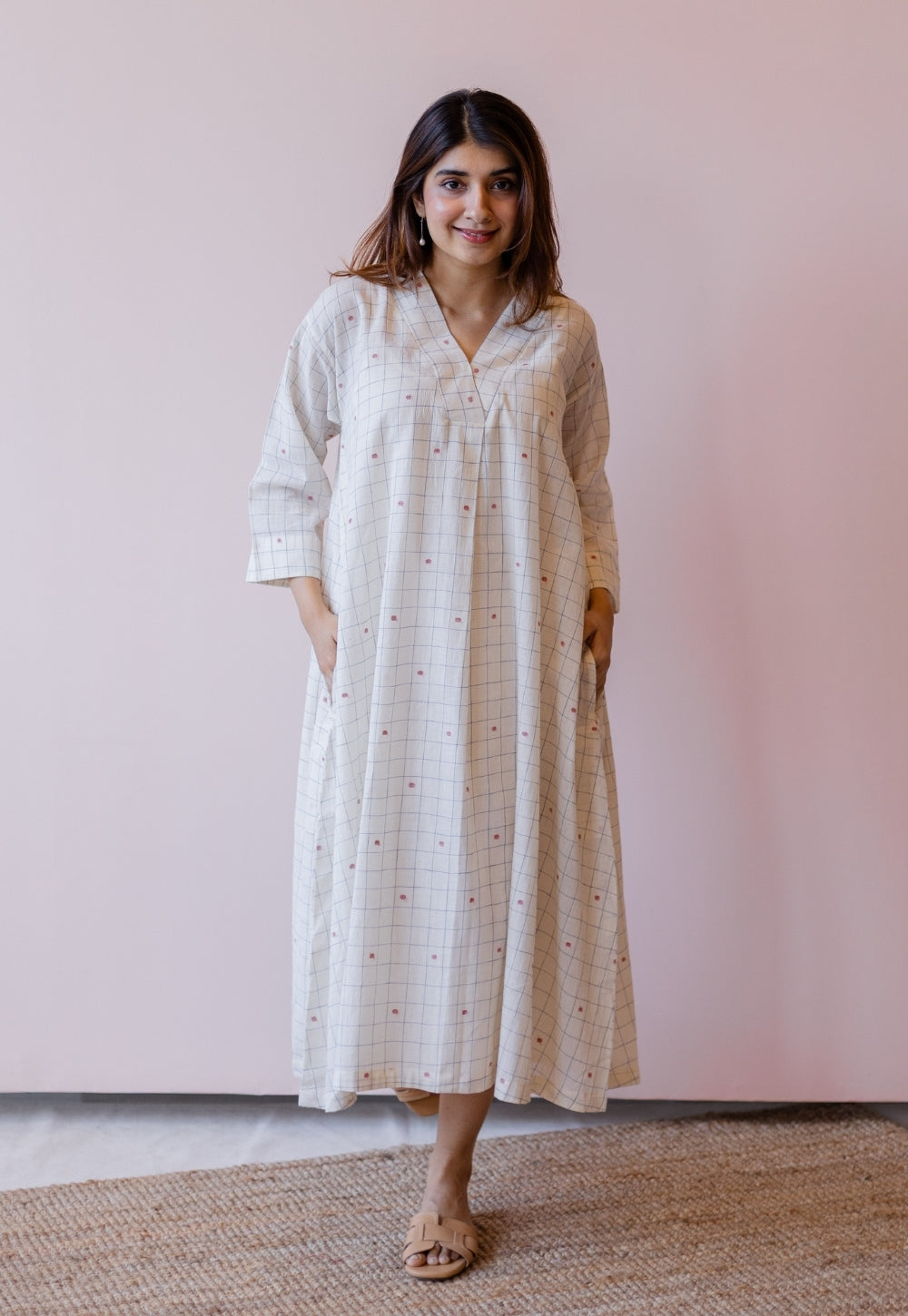 Ekta Off White Jamdani Handloom Cotton A Line Dress