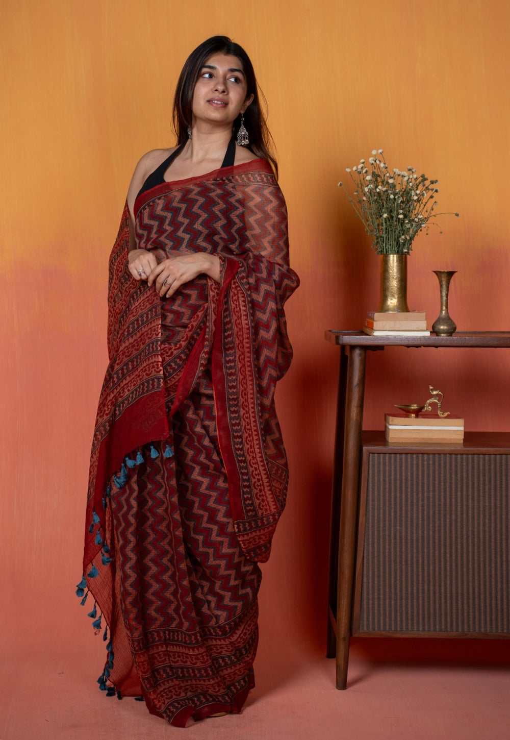 Red Chevron Ajrakh Hand Block Print Kota Doria Cotton Saree
