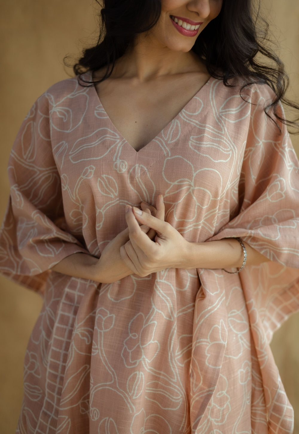 Sadiya Peach Hand Block Print Slub Cotton Anti-Fit Kaftan