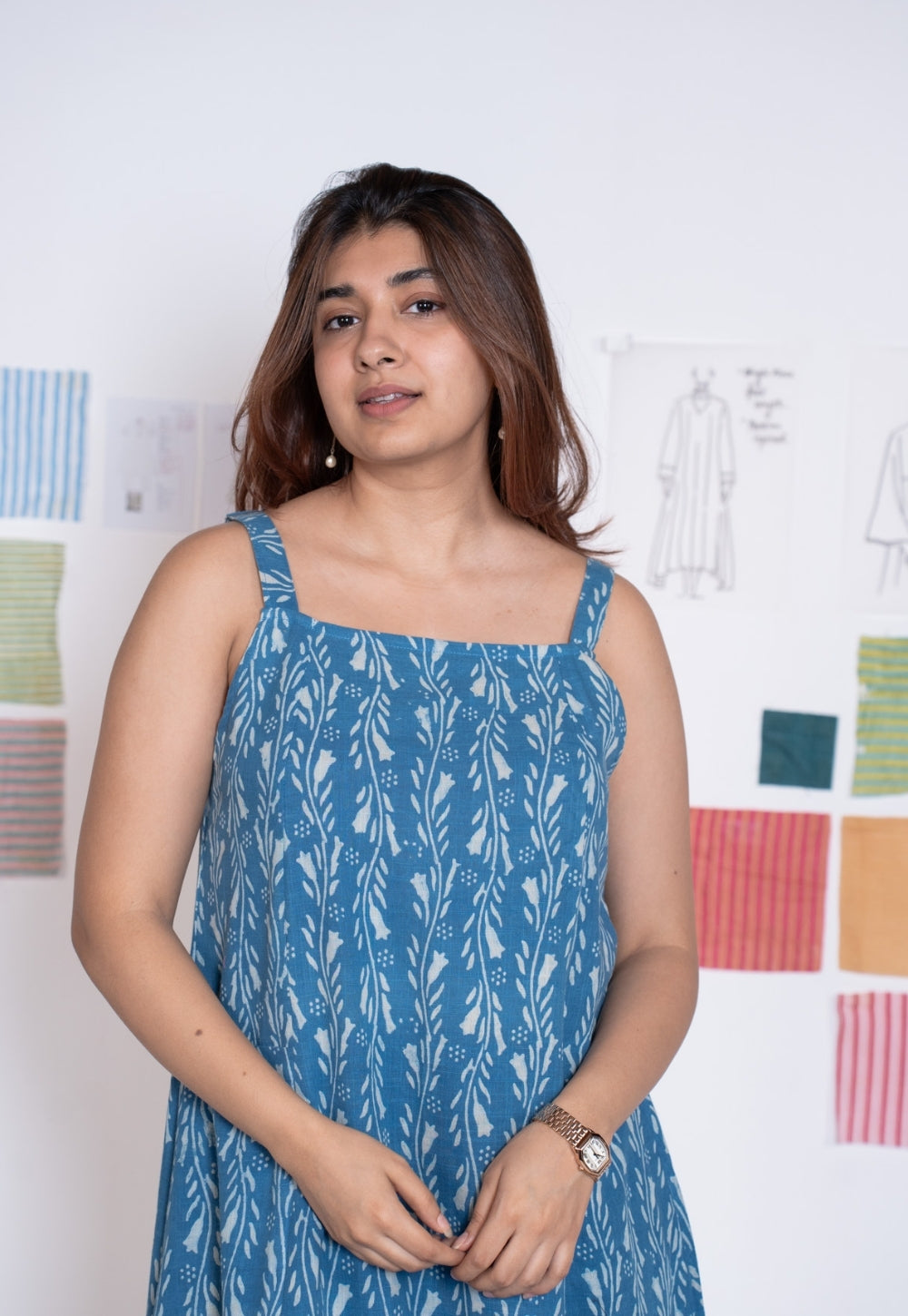 Tapasya Blue Dabu Slub Cotton Straight Dress