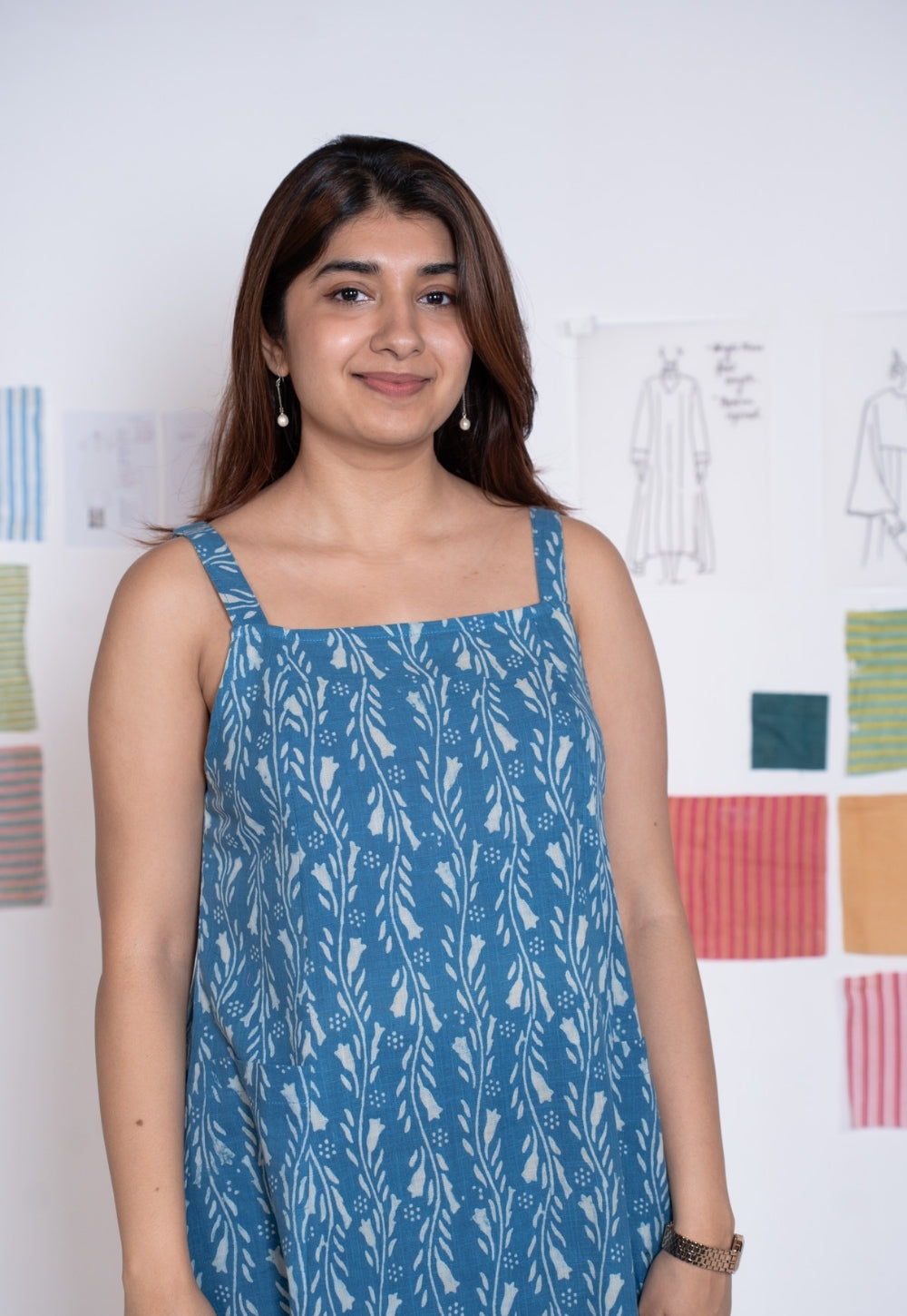 Tapasya Blue Dabu Slub Cotton Straight Dress