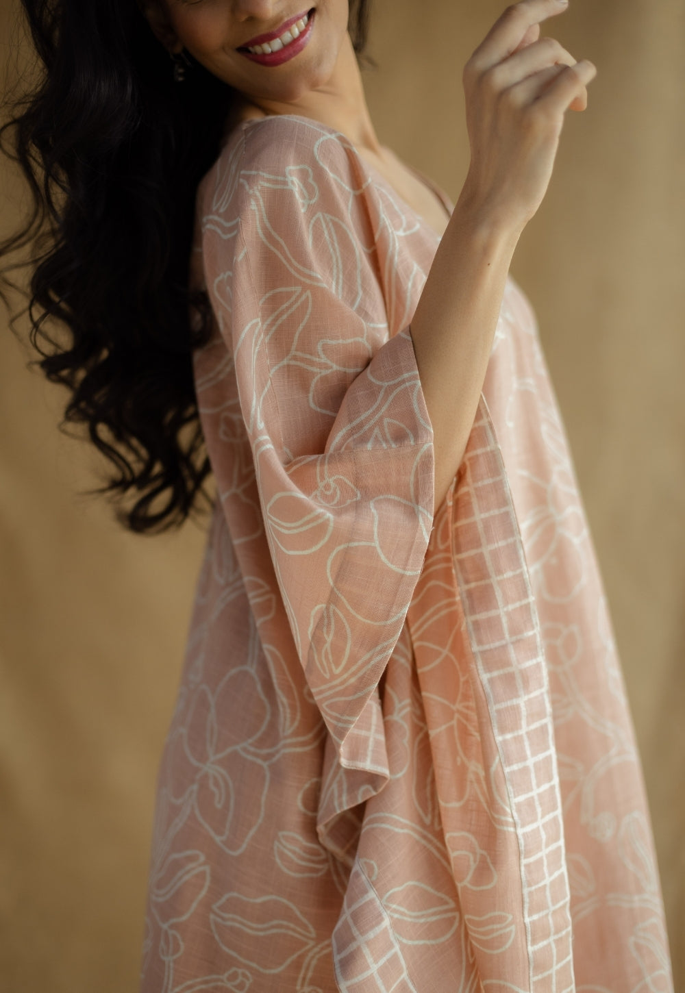 Sadiya Peach Hand Block Print Slub Cotton Anti-Fit Kaftan