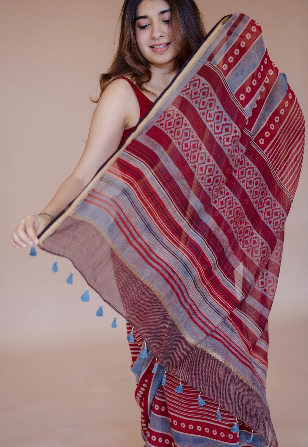 Red Abstract Ajrakh Hand Block Print Chanderi Saree