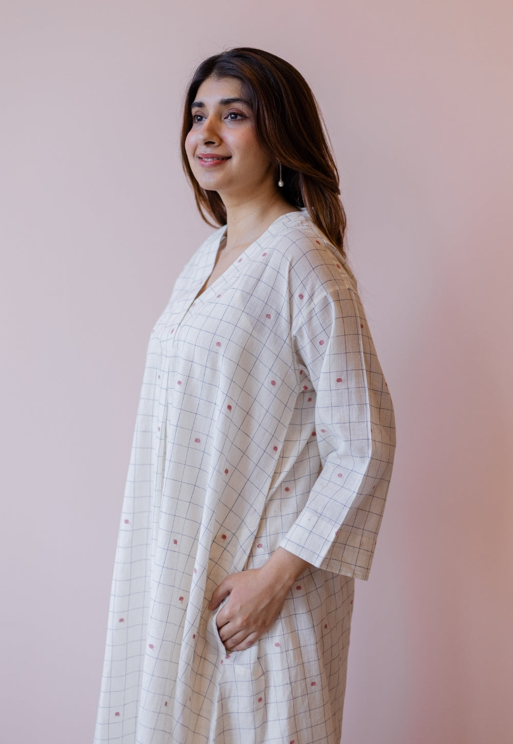 Ekta Off White Jamdani Handloom Cotton A Line Dress