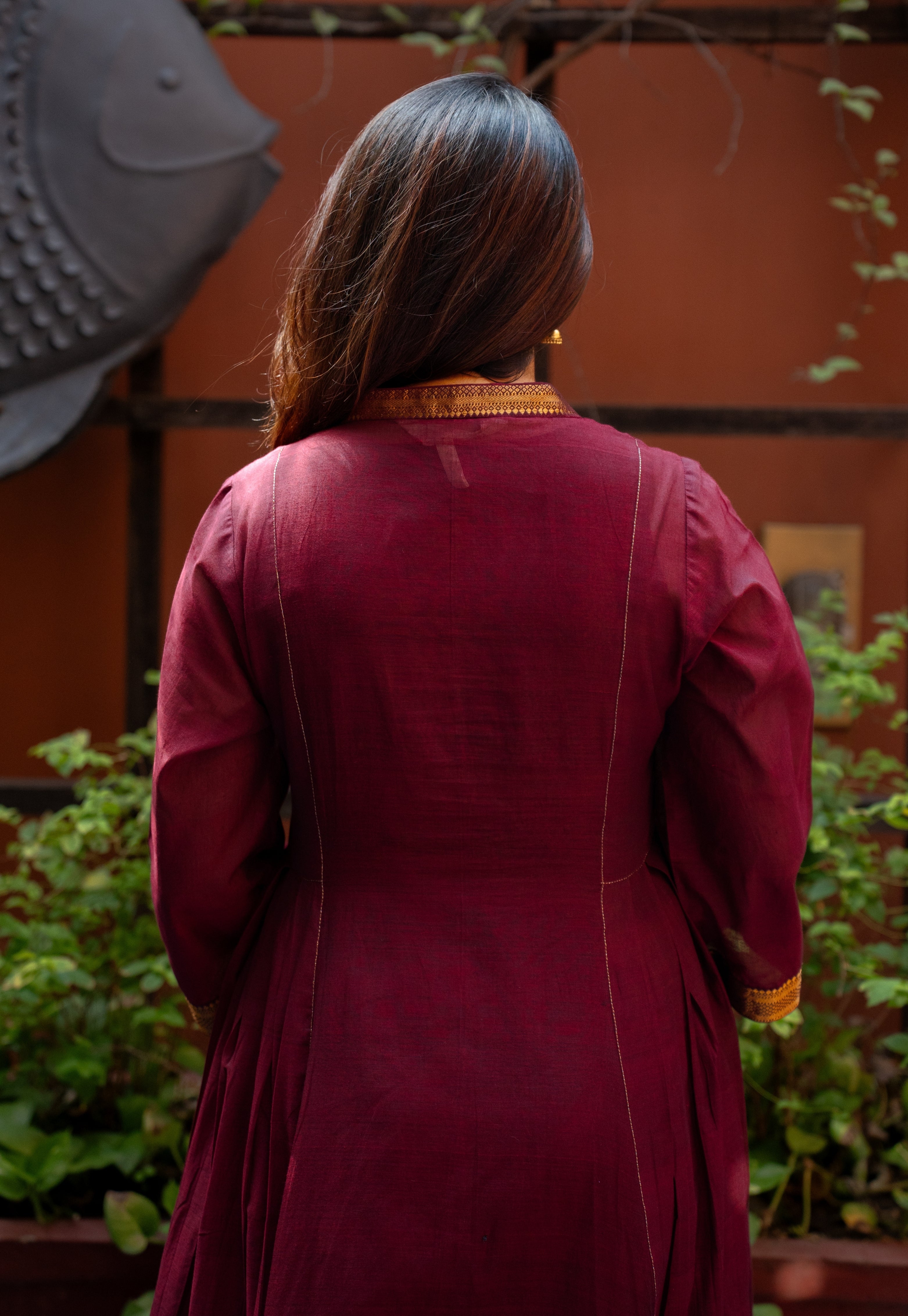 Tisya Red Mangalgiri Cotton Kali Kurta with Nizam Border