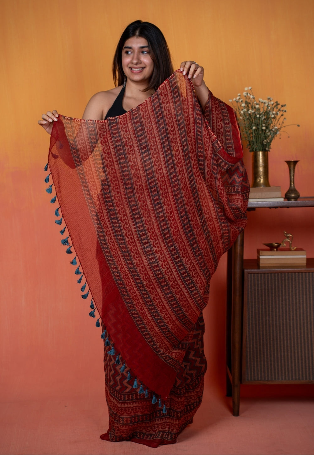 Red Chevron Ajrakh Hand Block Print Kota Doria Cotton Saree