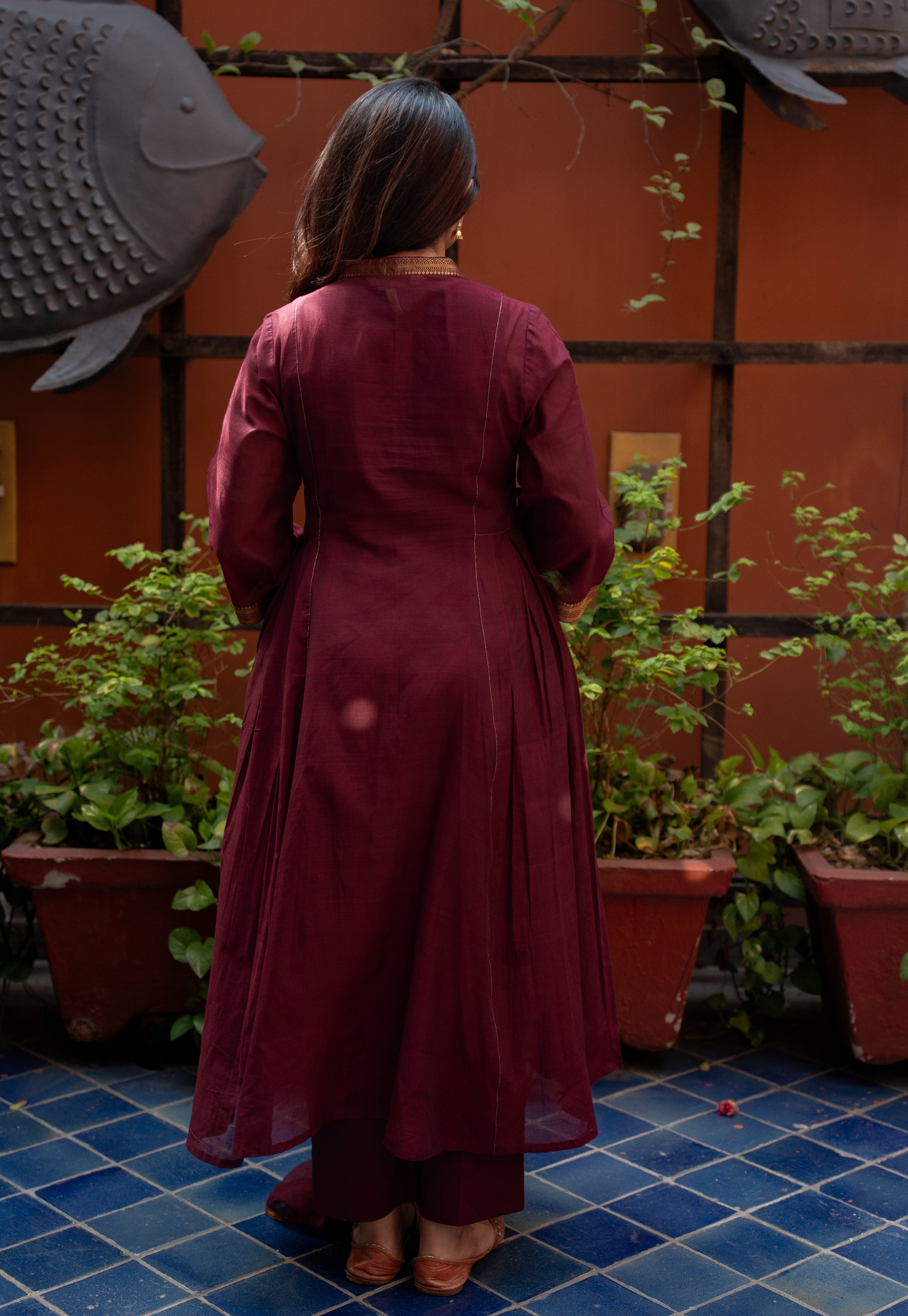 Tisya Red Mangalgiri Cotton Kali Kurta with Nizam Border