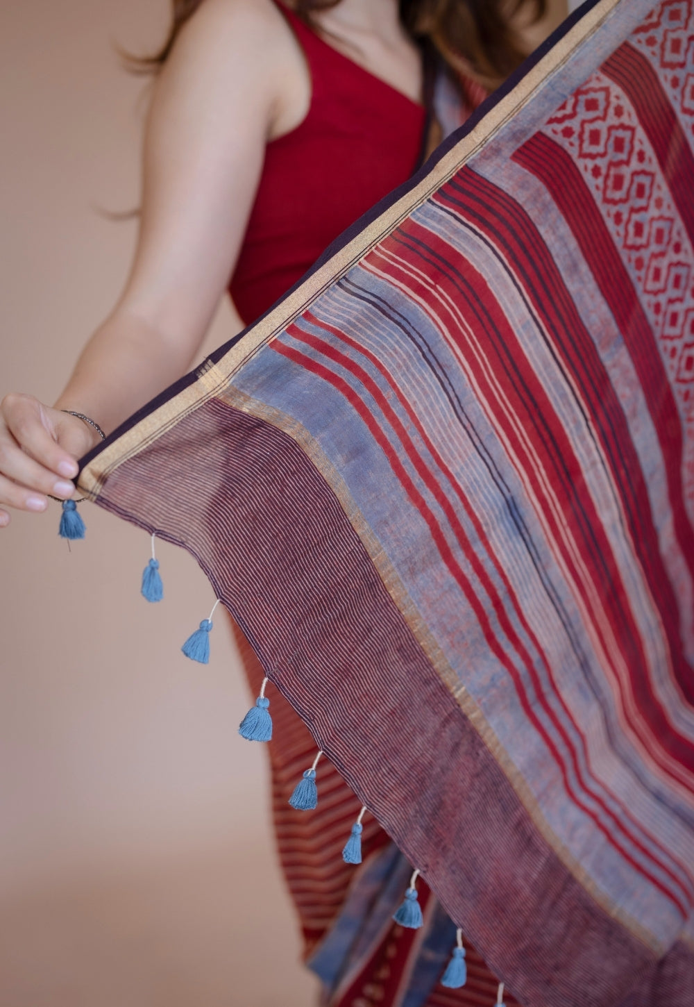 Red Abstract Ajrakh Hand Block Print Chanderi Saree