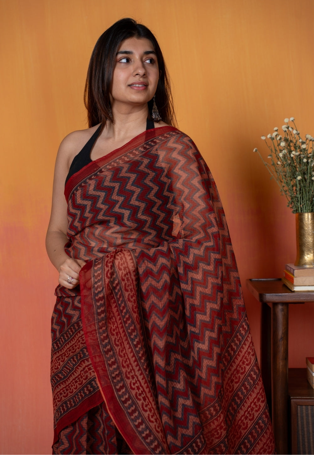 Red Chevron Ajrakh Hand Block Print Kota Doria Cotton Saree
