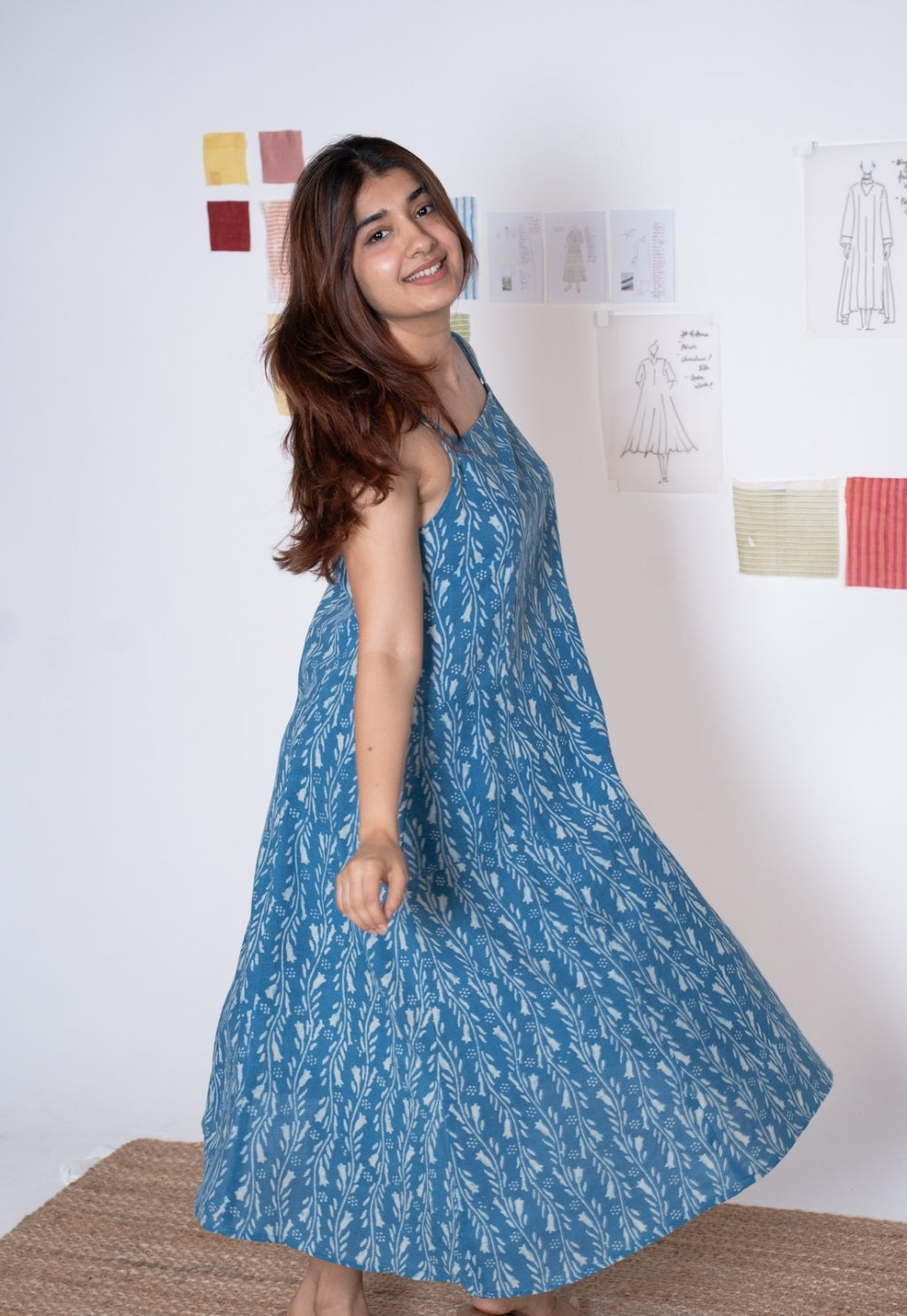 Tapasya Blue Dabu Slub Cotton Straight Dress