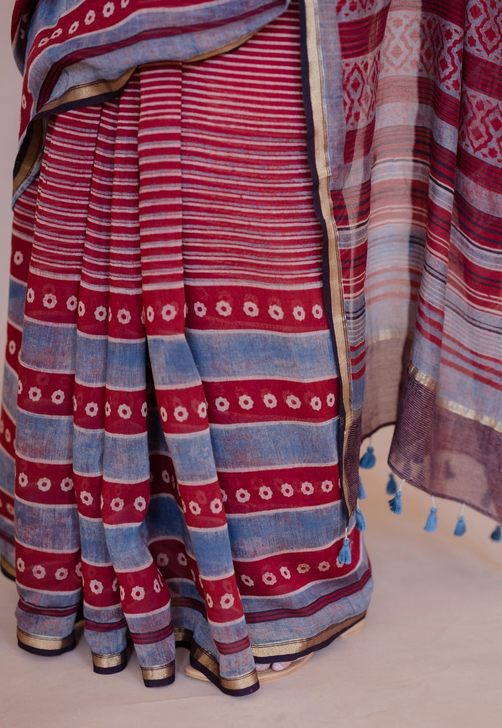 Red Abstract Ajrakh Hand Block Print Chanderi Saree