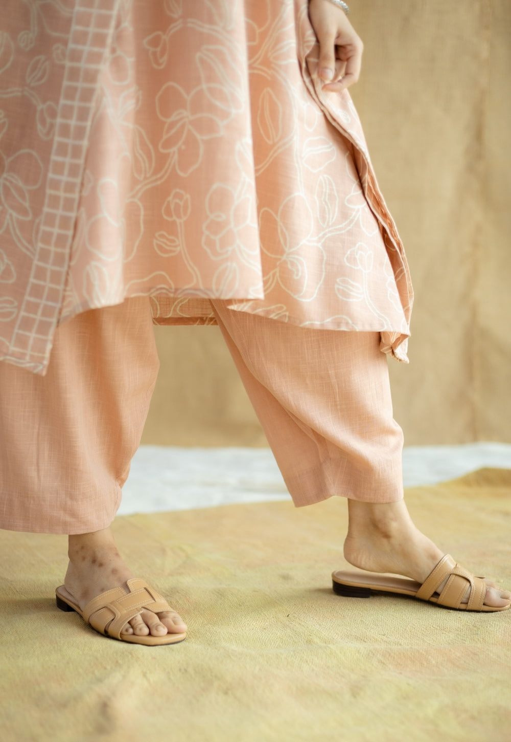 Sadiya Peach Hand Block Print Slub Cotton Anti-Fit Kaftan