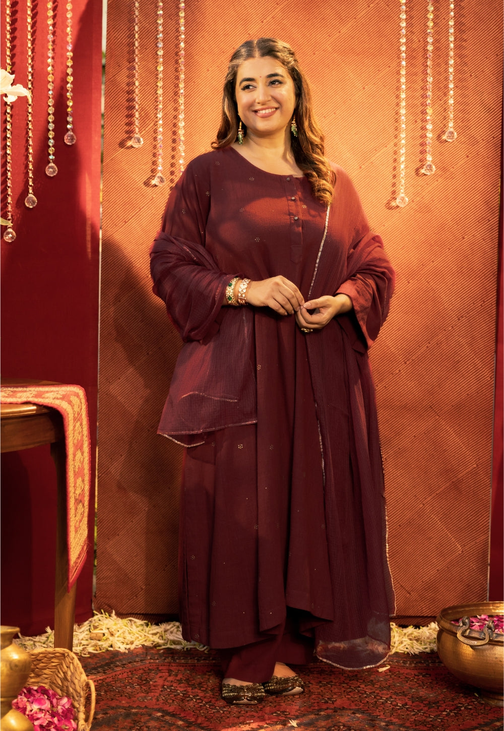 Alizah Maroon Rogan Handblock Printed Cotton Jhabbha Kali Suit Set (Set of 3)