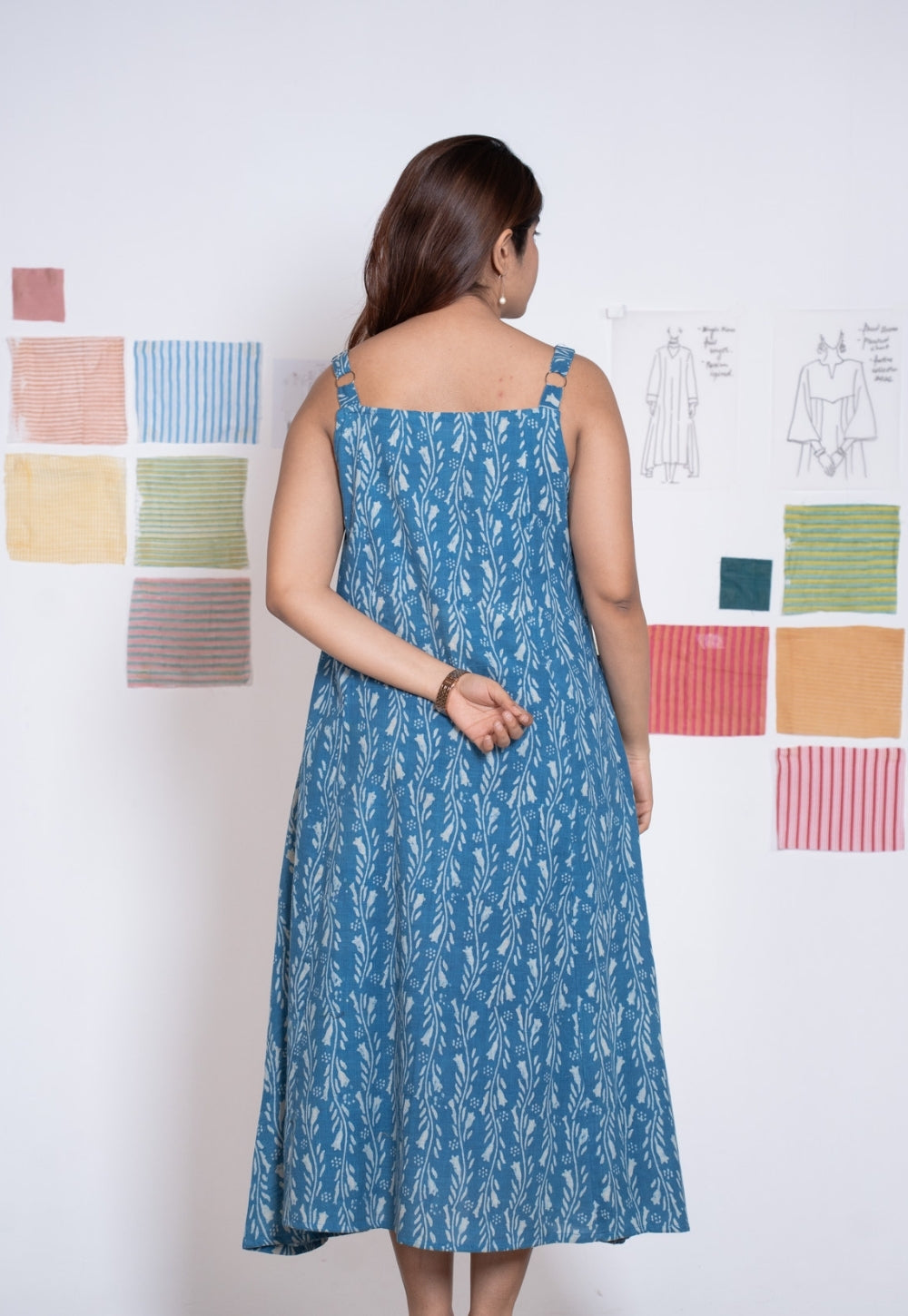 Tapasya Blue Dabu Slub Cotton Straight Dress