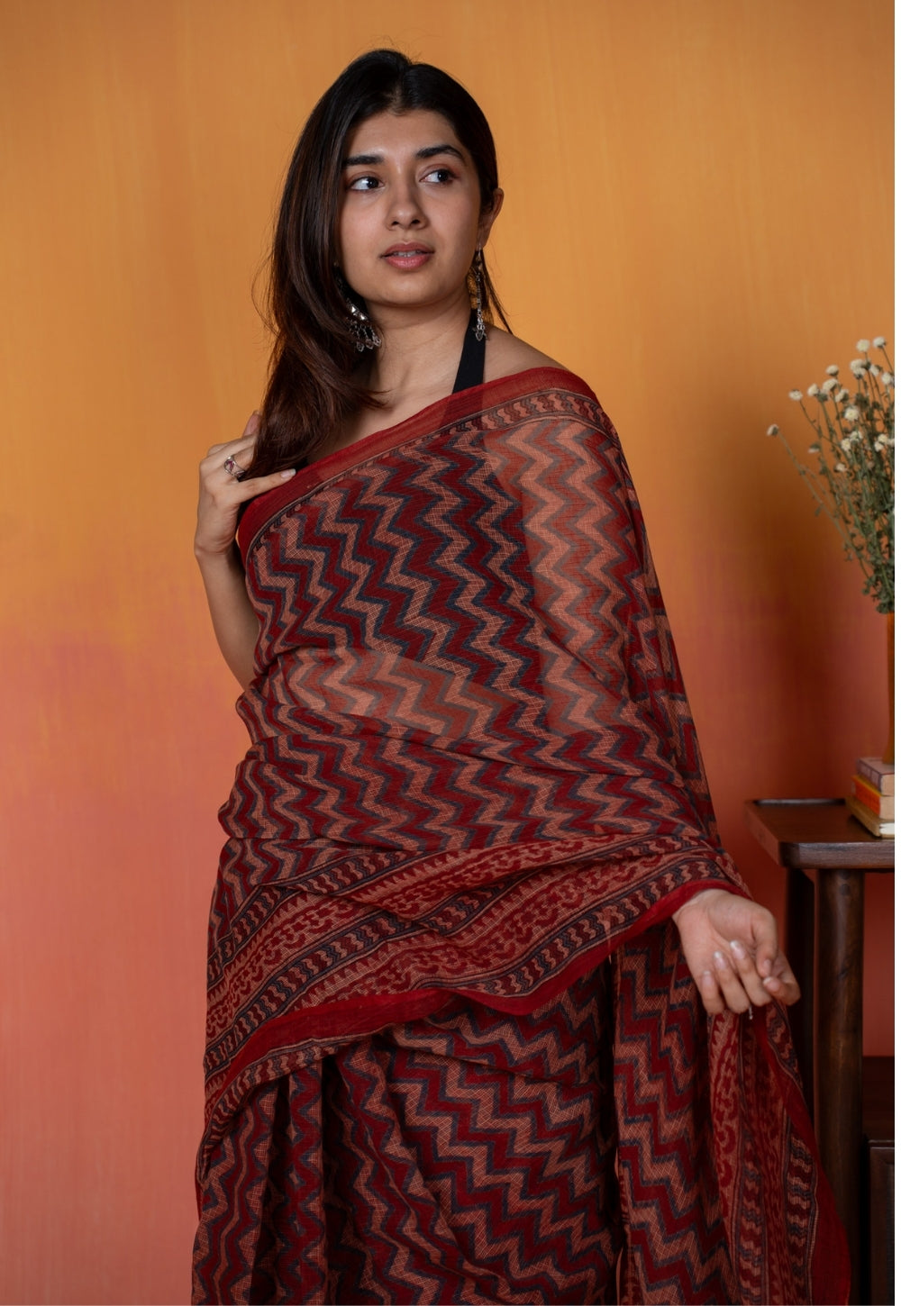 Red Chevron Ajrakh Hand Block Print Kota Doria Cotton Saree