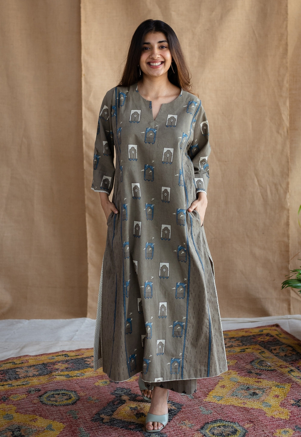 Yashi Warm Grey Ajrakh Cotton Straight Pant