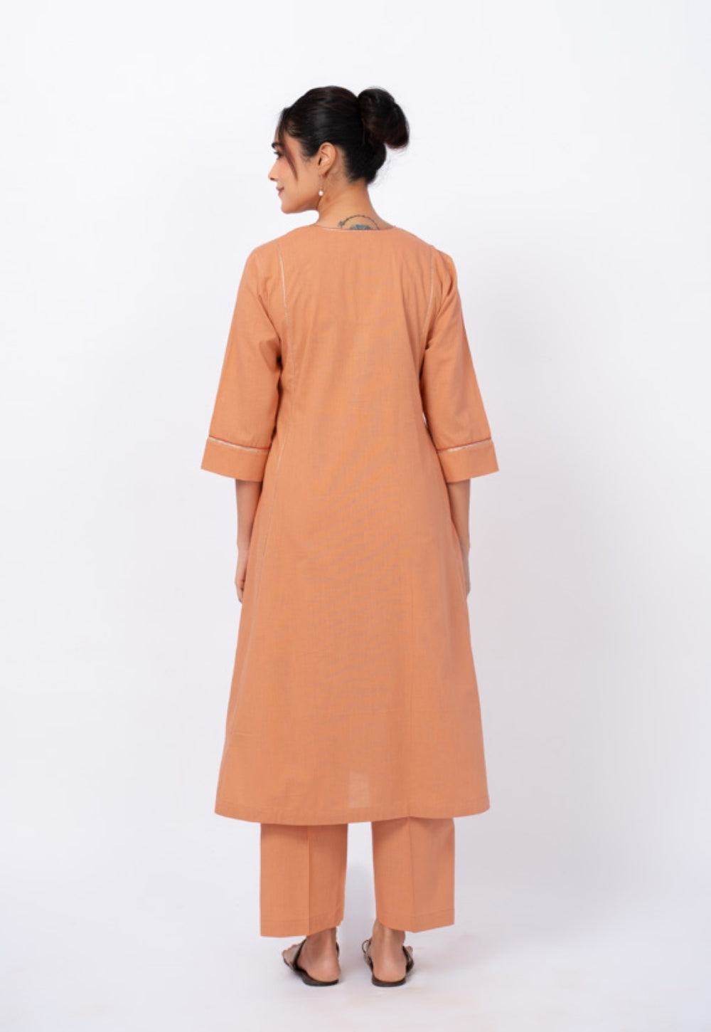 Urvi Orange Solid Slub Cotton Kali Kurta Suit Set with Solid Dupatta (Set of 3)