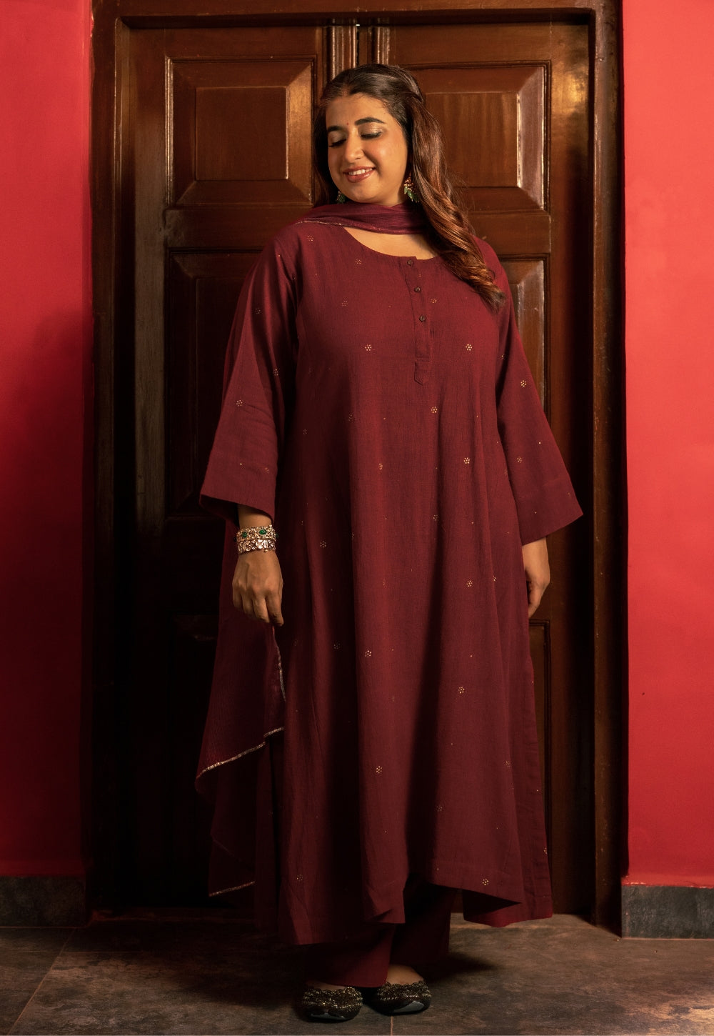 Alizah Maroon Rogan Handblock Printed Cotton Jhabbha Kali Suit Set (Set of 3)
