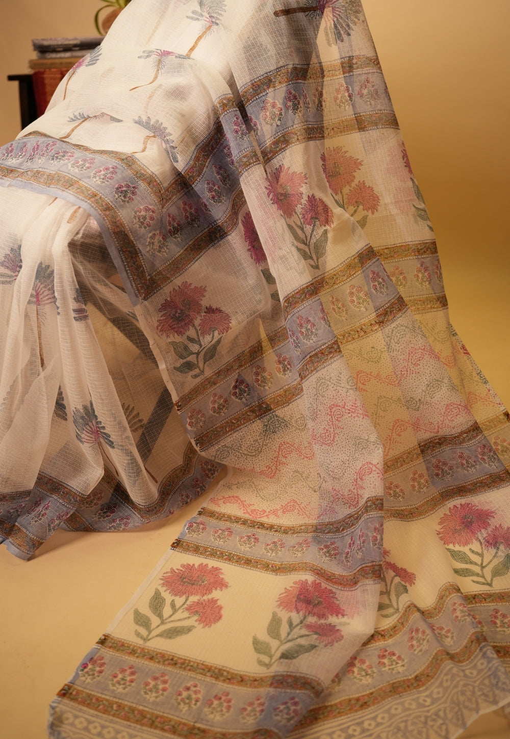 White Butta Sanganeri Hand Block Print Kota Doria Saree