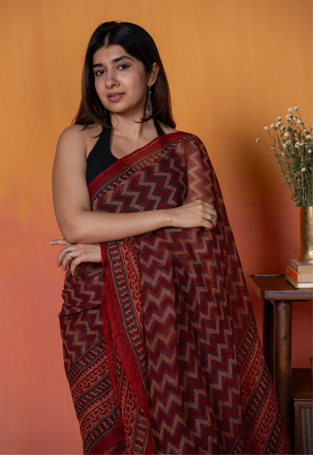 Red Chevron Ajrakh Hand Block Print Kota Doria Cotton Saree