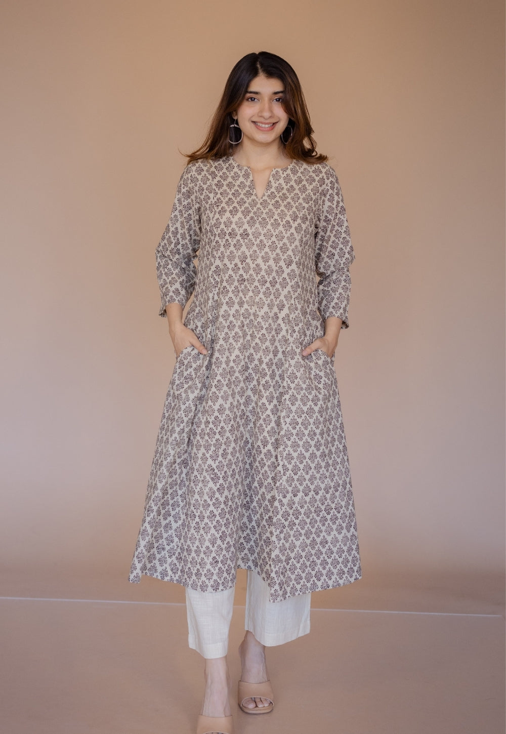 Malika Off White Bagru Cotton Kali Kurta